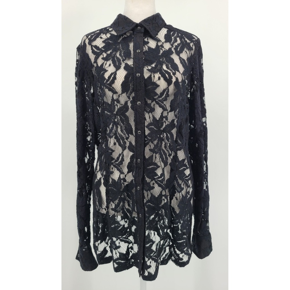 Whimsigoth Lace Ariat Women Top L Button Up Mesh Layering Floral Collar Layering